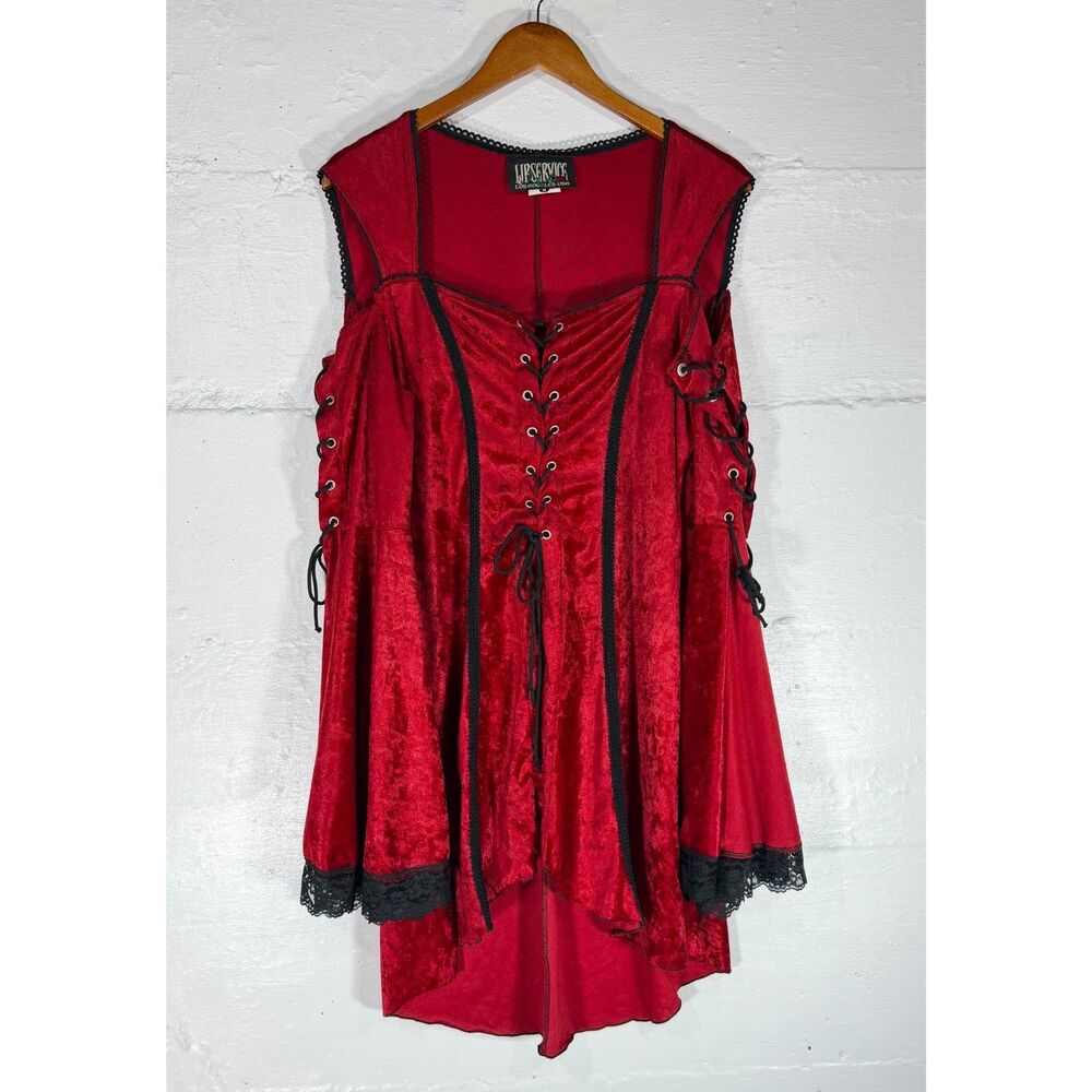 Lip Service Red Velvet Gothic Corset Dress Lace Up Mini Plus 2X VTG Y2K - Picture 2 of 13